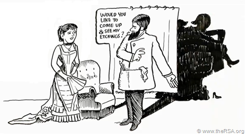 vignetta ambientata nel XIX secolo che gioca sul riferimento letterale alla raccolta di acqueforti e quella implicita al doppio senso per sesso