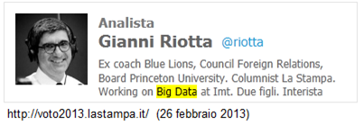 Analista Gianni Riotta  Ex coach Blue Lions, Council Foreign Relations, Board Princeton University. Columnist La Stampa. Working on Big Data at Imt. Due figli. Interista