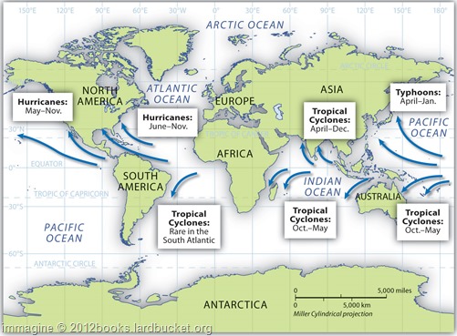 distribuzione geografica cicloni tropicali, tifoni e uragani