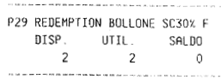 immagine dello scontrino Ipercoop: REDEMPTION BOLLONE SC30%   DISP. 2    UTIL. 2    SALDO 0