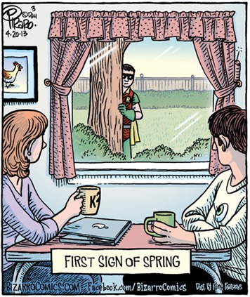 Vignetta con due persone che vedono Robin (l’amico di Batman) nascosto dietro un albero, con la didascalia “First sign of spring”
