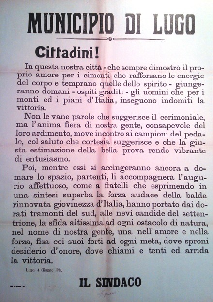 Giro d’Italia a Lugo – manifesto con comunicazione del sindaco, 1914