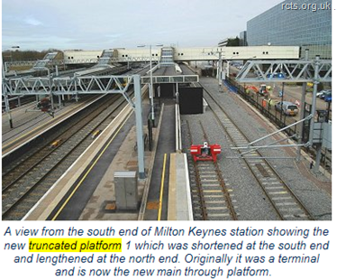 A view from the south end of Milton Keynes station showing the new truncated platform 1 which was shortened at the south end and lengthened at the north end. Originally it was a terminal platform and is now the new main through platform