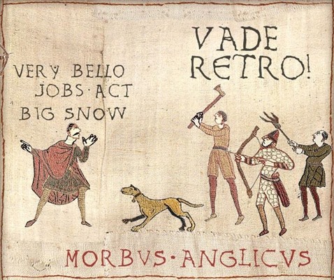 “vignetta” intitolata MORBUS ANGLICUS  in cui un uomo dice VERY BELLO, JOBS ACT, BIG SNOW e 3 uomini armati di forcone, arco e frecce e un’ascia lo scacciano dicendo VADE RETRO