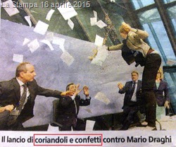didascalia: Il lancio di coriandoli e confetti contro Mario Draghi