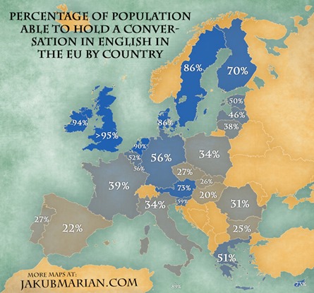 Percentage of population able to hold a conversation in English in the EU by country – map by Jakub Marian