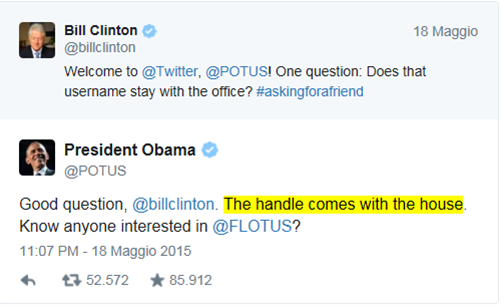 scambio di tweet tra Bill Clinton e Barack Obama di maggio 2015 con la frase the handle comes with the house