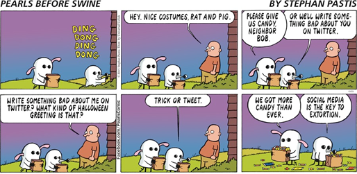 striscia a tema Halloween di Pearls Before Swine (“Social media is the key to extortion”)