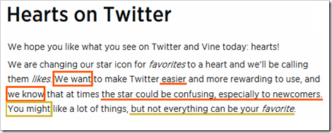 Hearts on Twitter. We hope you like what you see on Twitter and Vine today: hearts! We are changing our star icon for favorites to a heart and we’ll be calling them likes. We want to make Twitter easier and more rewarding to use, and we know that at times the star could be confusing, especially to newcomers. You might like a lot of things, but not everything can be your favorite.
