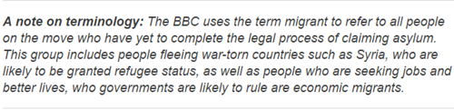 A note on terminology: The BBC uses the term migrant to refer to all people on the move who have yet to complete the legal process of claiming asylum. This group includes people fleeing war-torn countries such as Syria, who are likely to be granted refugee status, as well as people who are seeking jobs and better lives, who governments are likely to rule are economic migrants.