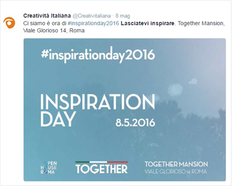 tweet di Creatività Italiana: …è ora di Inspiration Day 2016. Lasciatevi inspirare