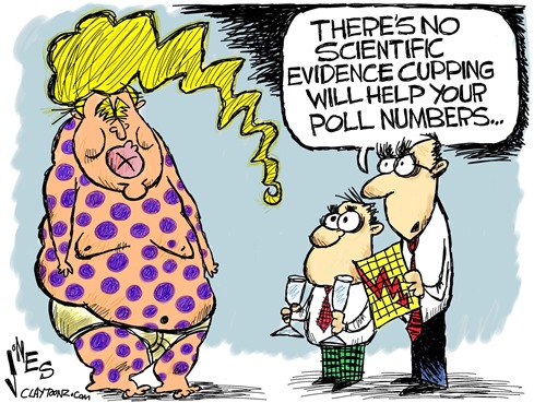 vignetta con Donald Trump pieno di “bolli” violacei e due persone che commentano che non c’è alcuna prova scientifica che la coppettazione migliori i risultati elettorali 