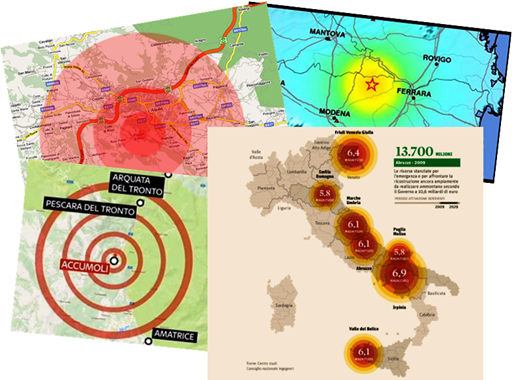rappresentazioni su carte di zone colpite da sisma 
