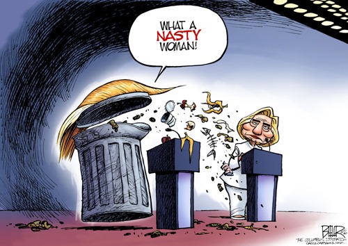 WHAT A NASTY WOMAN – vignetta con Trump  pattumiera che offende Hillary Clintondi Nate Beeler