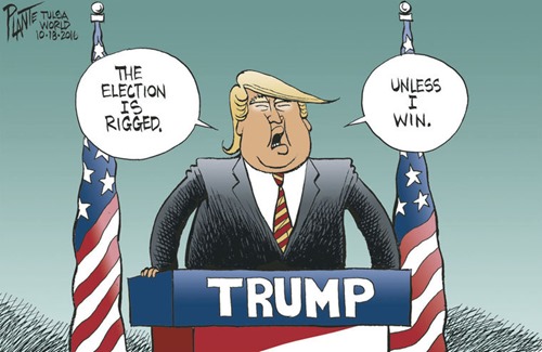 Trump: THE ELECTION IS RIGGED… UNLESS I WIN – vignetta di Bruce Plante