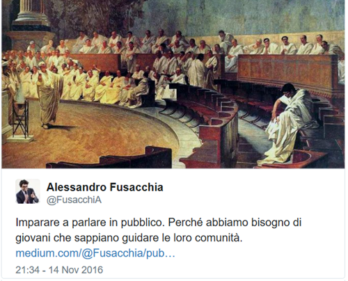 tweet di Alessandro Fusacchia: Imparare a parlare in pubblico. Perché abbiamo bisogno di giovani che sappiano guidare le loro comunità. 