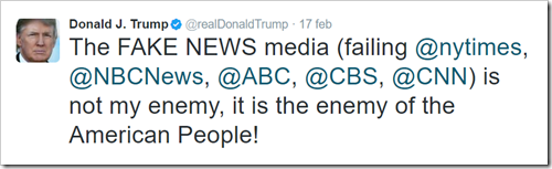 esempio di tweet di Donald Trump: “The FAKE NEWS media (failing nytimes, NBCNews, ABC, CBS, CNN) is not my enemy, it is the enemy of the American People!”