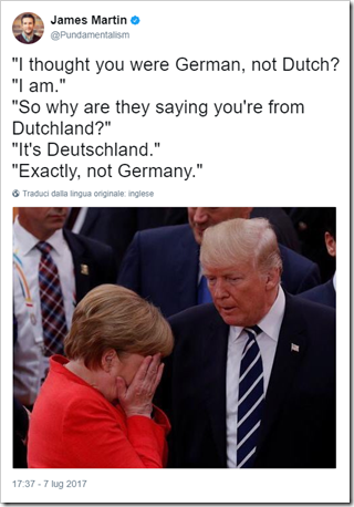 dialogo immaginario e surreale tra Trump e Merkel su Dutchland vs Deutschland