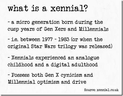  What is a xennial? A micro generation born during the cusp years of Gen Xers and Millennials, i.e. between 1977 and 1983 […] Xennials experienced an analogue childho and a digital adulthood. They possess both Gen X cynicism and Millennial optimism and drive. 
