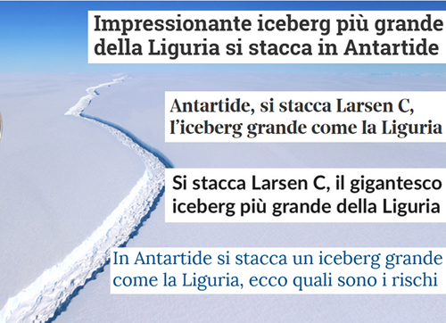 Impressionante iceberg più grande della Liguria si stacca in Antartide – Si stacca Larsen C, l’iceberg grande come la Liguria  –  Si stacca il gigantesco iceberg più grande della Liguria  –  In Antartide si stacca un iceberg grande come la Liguria