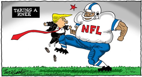 vignetta: Trump che prende una ginochiata all’inguine da un giocatore di football e la dicitura TAKING A KNEE