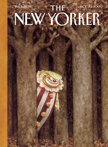 copertina New Yorker con Trump vestito da pagliaccio e ghigno malefico che sbuca da un bosco