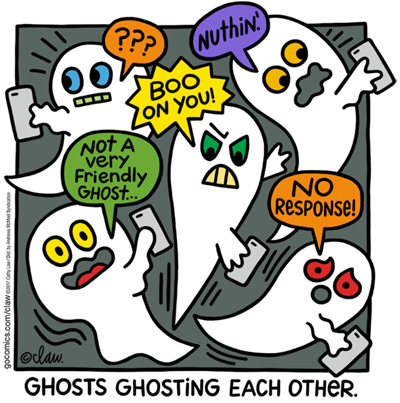 vignetta con fantasmi che fanno il ghosting, intitolata GHOSTS GHOSTING EACH OTHER