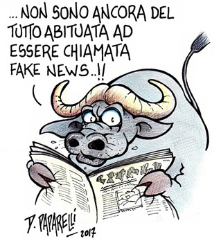 vignetta con bufala (animale) che legge un giornale e dice “Non sono ancora del tutto abituata ad essere chiamata fake news!!” 
