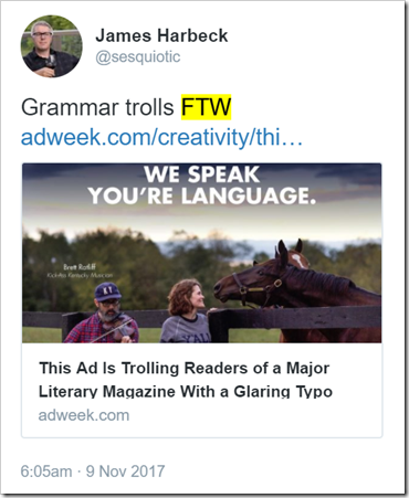 Grammar trolls FTW (testo della pubblicità: WE SPEAK YOU’RE LANGUAGE)