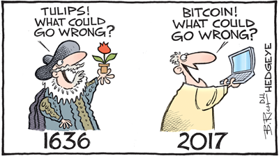 Vignetta: 1636, uomo in abiti rinascimentali con un tulipano che dice “Tulips! What could go wrong?”  2017 uomo moderno con un laptop che dice “Bitcoin! What could go wrong?”