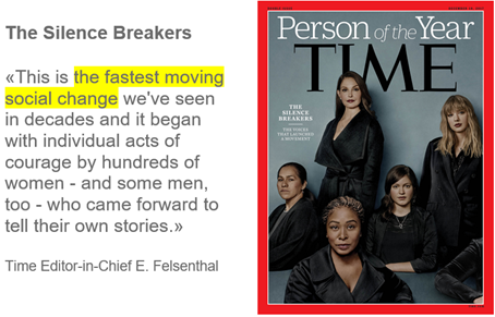 The Silence Breakers: This is the fastest moving social change we've seen in decades and it began with individual acts of courage by hundreds of women - and some men, too - who came forward to tell their own stories.  –  Time Editor-in-Chief E. Felsenthal