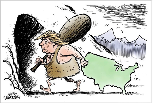 Trump in versione troglodita con clava che trascina una sagoma degli Stati Uniti in una caverna