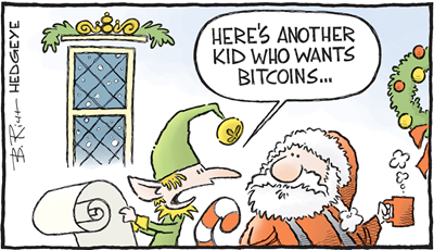 Vignetta con elfo che mostra letterina a Babbo Natale e dice “HERE’S ANOTHER KID WHO WANTS BITCOINS”