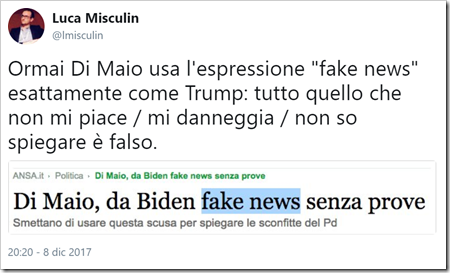 tweet di Luca Misculin: Ormai Di Maio usa l'espressione "fake news" esattamente come Trump: tutto quello che non mi piace / mi danneggia / non so spiegare è falso. Immagine di titolo ANSA: “Di Maio, da Biden fake news senza prove”