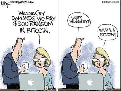 Donna davanti a un computer dice all’uomo che le è accanto “WannaCry ci richiede un riscatto di $300 in bitcoin”. Uomo: “Cos’è WannaCry?” Donna: “Cos’è un bitcoin?”