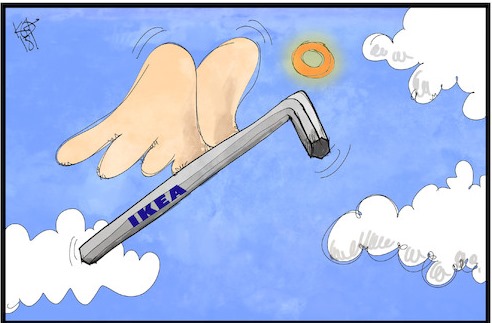 vignetta con brugola alata, con scritta IKEA, che vola in cielo