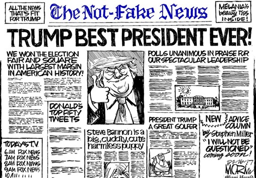 vignetta con prima pagina di giornale dal nome The Not-Fake News con titoli favorevoli a Trump, come “Trump best president ever!”
