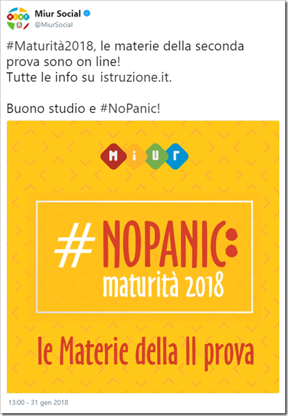 #Maturità2018, le materie della seconda prova sono on line! Tutte le info su http://www.istruzione.it . Buono studio e #NoPanic!