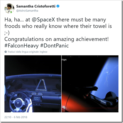 Tweet di Samantha Cristoforetti: “Ha, ha... at @SpaceX there must be many froods who really know where their towel is ;-) Congratulations on amazing achievement! #FalconHeavy #DontPanic”