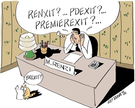 vignetta: Renzi pensieroso che si domanda “Renxit? ..PDexit?… Premierexit?,,,”