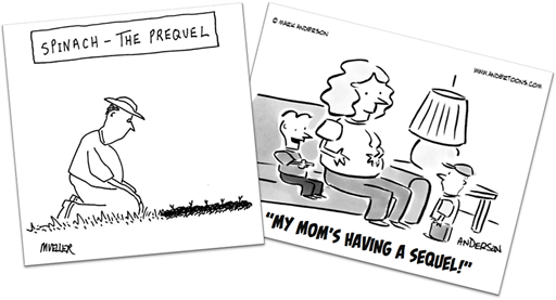 due vignette: 1  Spinach – The Prequel  (uomo che guarda piantine che crescono)    e     2  “My mom’s having a sequel”  (bambino che indica a un altro bambino il pancione della mamma)