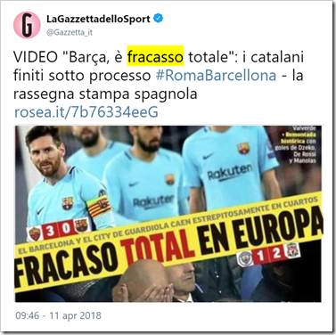 tweet di LaGzzettadelloSport: VIDEO “Barça, è fracasso totale”: i catalani finiti sotto processo #RomaBarcellona - la rassegna stampa spagnola 