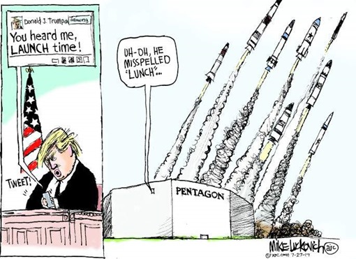 Prima vignetta, Donald Trump che twitta: “You heard me, LAUNCH time!”. Seconda vignetta, il Pentagono da cui partono innumerevoli missili e il fumetto “Uh-Oh, he misspelled “LUNCH”…” 