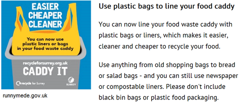 immagine con descrizione: Use plastic bags to line your food caddy. You can now line your food waste caddy with plastic bags or liners, which makes it easier, cleaner and cheaper to recycle your food.