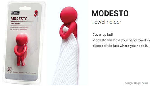 MODESTO Towel holder – “Cover up lad! Modesto will hold your hand towel in place so it is just where you need it”. Design Hagai Zakai 