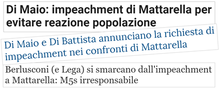 Di Maio: impeachment di  Mattarella per evitare reazione popolazione – Di Maio e Di Battista annunciano la richiesta di impeachment nei confronti di Mattarella – Berlusconi (e Lega) si smarcano dall’impeachment a Mattarella: M5S irresponsabile. 