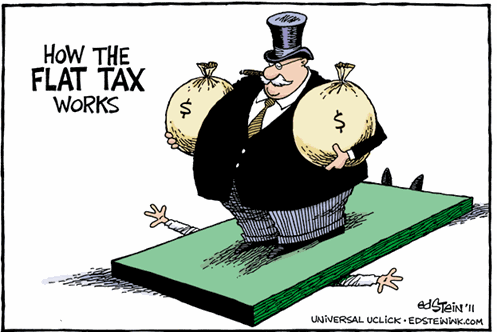 vignetta: plutocrate americano con sacchi di soldi in piedi sopra una lastra che schiaccia una persona (povera), con la didascalia HOW THE FLAT TAX WORKS