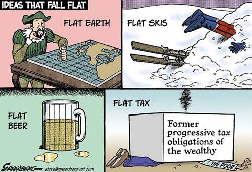 Vignetta che illustra i concetti di flat earth, flat skis, flat beer e flat tax