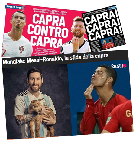 Titoli dei media con foto di Lionel Messi e di Cristiano Ronaldo. “Mondiale: Messi-Ronaldo, la sfida della capra” – “Capra contro capra”. 