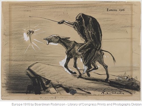 Vignetta del 1916 che mostra la morte che cavalca un asino macilento e regge un bastone da cui penzola una carota con la scritta “Victory”. Per raggiungerla l’asino si sta dirigendo verso un precipizio.